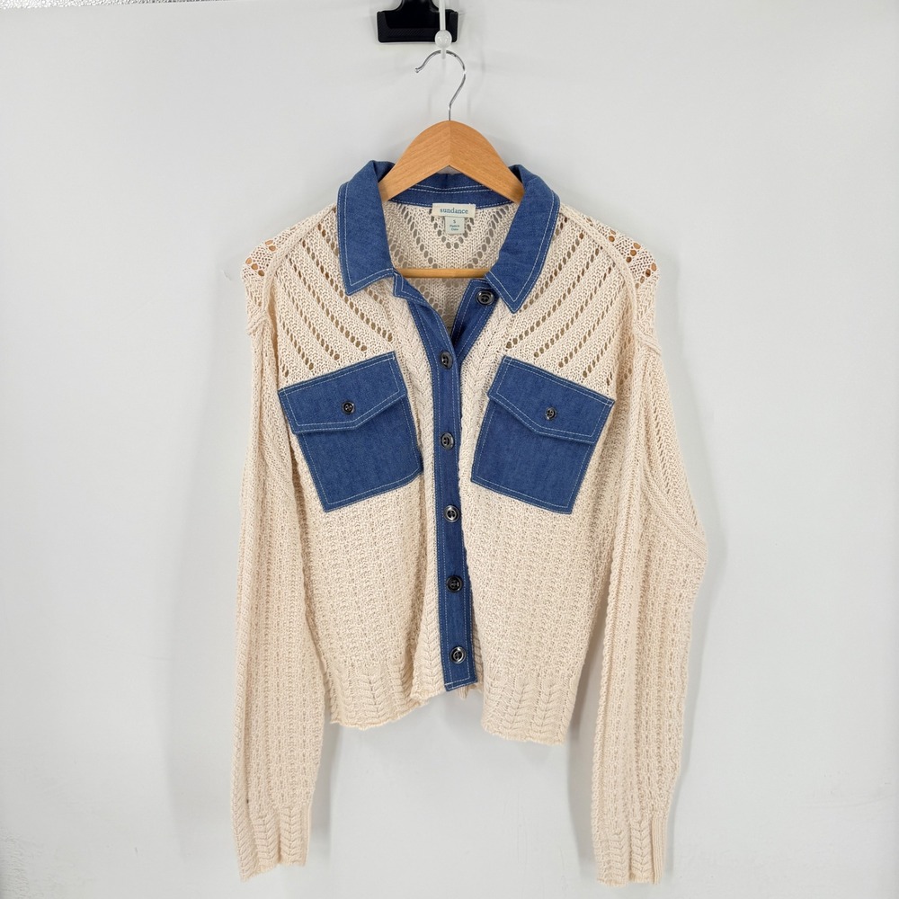 Sundance Mixed Media Open Knit Button Front Denim Trim Cardigan Size S Small - Picture 2 of 7